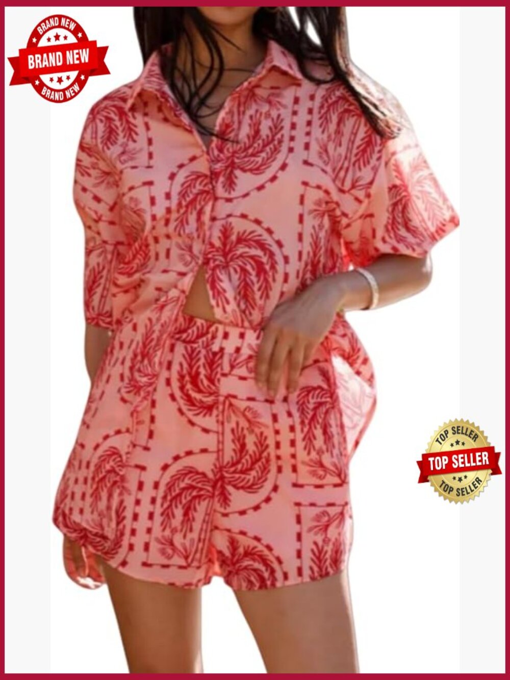 2 Piece Set Bohemian Print Button Down Shirt and Shorts Summer Outfit